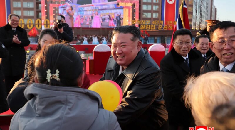 North Korean leader Kim Jong Un congratulating residents moving into their new homes at the inauguration ceremony of 10,000 flats at fourth stage in Hwasong area of Pyongyang.
