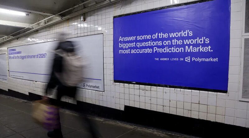 A Polymarket advertisement in a subway station in New York, US, on Thursday, Feb. 5, 2026. Kalshi and Polymarket, which have been assailed by critics for encouraging financial risk taking by making betting more accessible, are now using the promise of free groceries to win over New Yorkers.