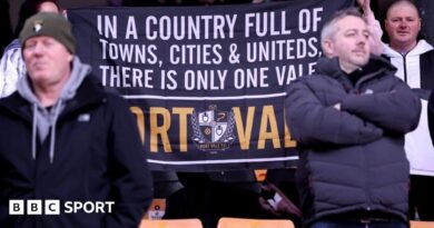 Port Vale fans with a banner that reads: "In a country full of towns, cities & uniteds, there is only one Vale - Port Vale"
