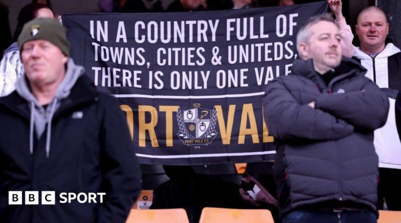 Port Vale fans with a banner that reads: "In a country full of towns, cities & uniteds, there is only one Vale - Port Vale"