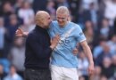 MANCHESTER, ENGLAND - APRIL 19: Pep Guardiola, Manager of Manchester City, and Erling Haaland celebrate victory following the Premier League match between Manchester City and Arsenal at Etihad Stadium on April 19, 2026 in Manchester, England. (Photo by Carl Recine/Getty Images)
