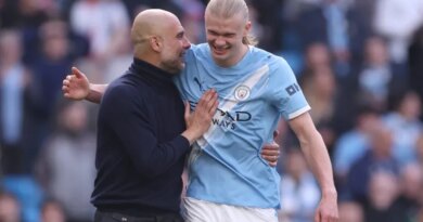 MANCHESTER, ENGLAND - APRIL 19: Pep Guardiola, Manager of Manchester City, and Erling Haaland celebrate victory following the Premier League match between Manchester City and Arsenal at Etihad Stadium on April 19, 2026 in Manchester, England. (Photo by Carl Recine/Getty Images)