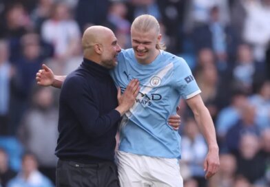 MANCHESTER, ENGLAND - APRIL 19: Pep Guardiola, Manager of Manchester City, and Erling Haaland celebrate victory following the Premier League match between Manchester City and Arsenal at Etihad Stadium on April 19, 2026 in Manchester, England. (Photo by Carl Recine/Getty Images)