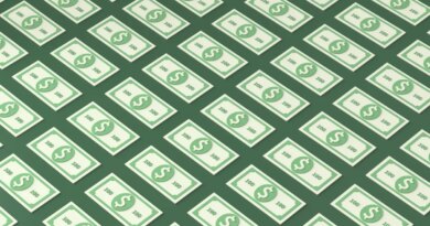 An illustration of patterned 100 dollar bills on a green background