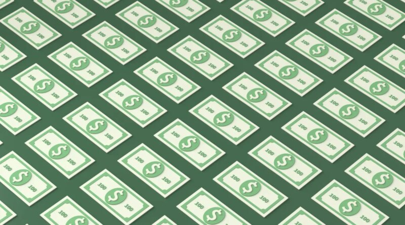 An illustration of patterned 100 dollar bills on a green background