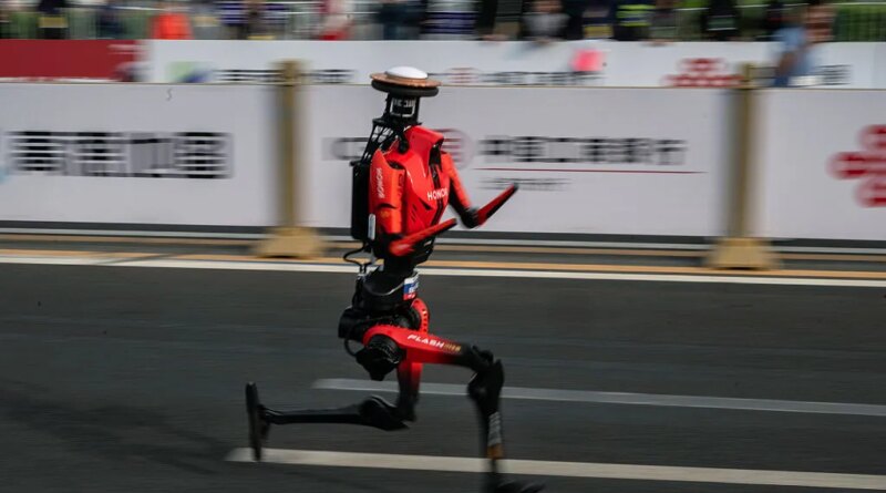 The fastest humanoid robot, an H1made by Honor, runs beside human runners at the start on its way to winning the Beijing Humanoid Half Marathon.