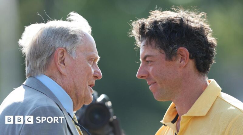 Jack Nicklaus and Rory McIlroy chat at the Memorial Tournament in 2023