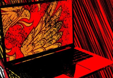 A graphic depiction of open laptop overlaying Red Square in Moscow and the logo of Russia's foreign intelligence service SVR.