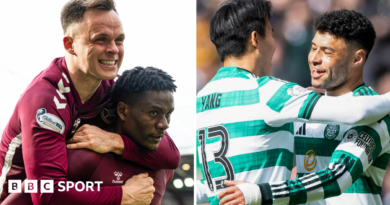 Hearts' Lawrence Shankland and Pierre Landry Kabore celebrate, as do Celtic's Yang Hyun-jun and Alex Oxlade-Chamberlain