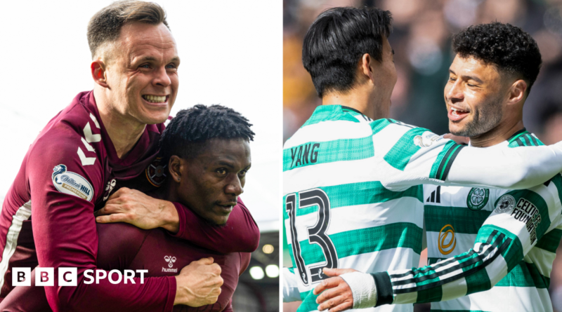 Hearts' Lawrence Shankland and Pierre Landry Kabore celebrate, as do Celtic's Yang Hyun-jun and Alex Oxlade-Chamberlain