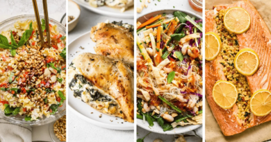 Four food dishes: a pasta salad with pine nuts, stuffed chicken breasts, a noodle salad with vegetables, and a baked salmon fillet topped with lemon slices and a crumb mixture.