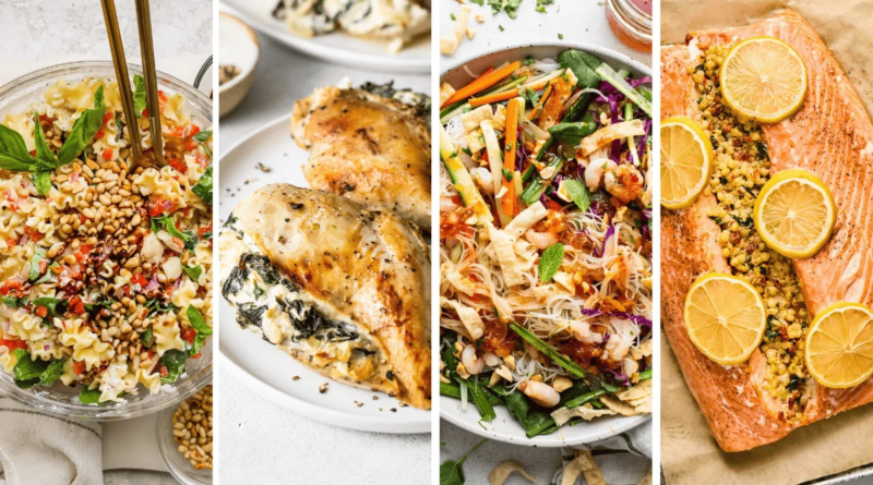 Four food dishes: a pasta salad with pine nuts, stuffed chicken breasts, a noodle salad with vegetables, and a baked salmon fillet topped with lemon slices and a crumb mixture.