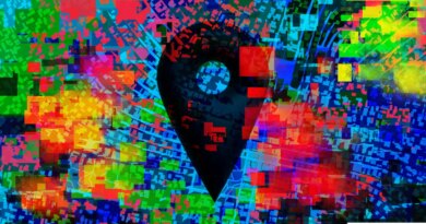 A multi-colored illustration location data scattered over a cityscape
