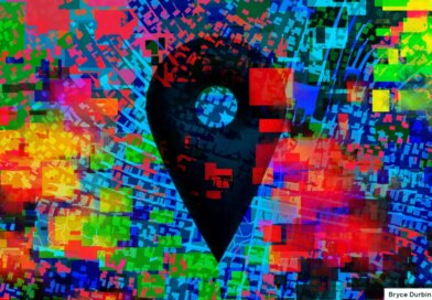 A multi-colored illustration location data scattered over a cityscape