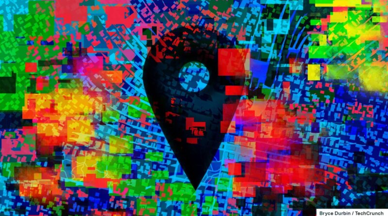 A multi-colored illustration location data scattered over a cityscape
