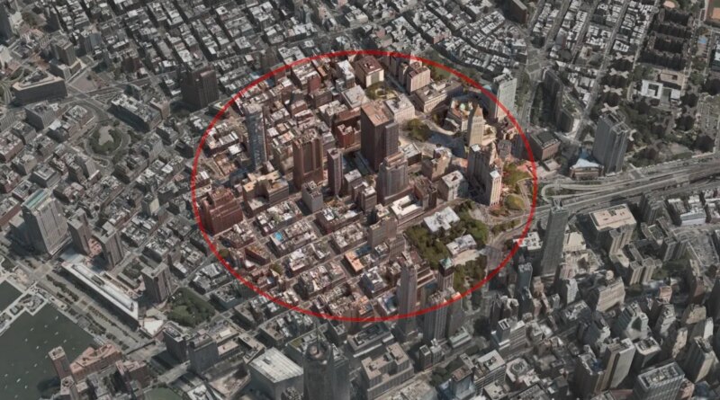 A red circle radius over New York City, representing a geofence warrant.