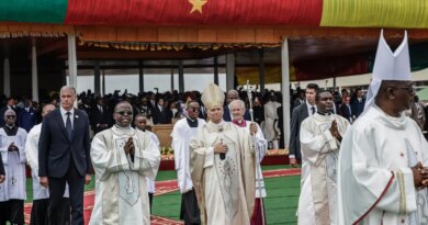Pope Leo with several people in a procession.