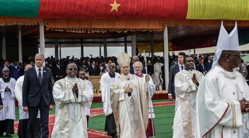 Pope Leo with several people in a procession.