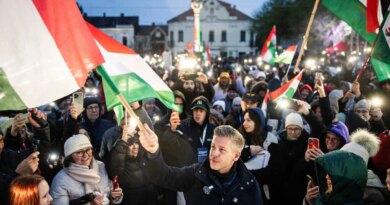 Peter Magyar stands at the head of a large crowd of people, many holding Hungarian flags, in an outdoor setting with buildings in the background.