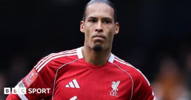 Liverpool captain Virgil van Dijk looks on as he stands with his hands resting on his hips after Liverpool's FA Cup defeat by Manchester City