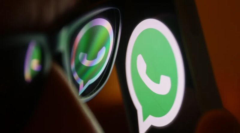 WhatsApp logo reflected on sunglasses and displayed on a phone screen.