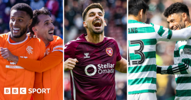 Rangers' Youssef Chermiti and Bojan Miovski, Hearts' Claudio Braga and Celtic's Alex Oxlade-Chamberlain celebrate