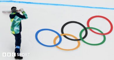 The Olympic rings in the figure skating arena during the Milan-Cortina Winter Games