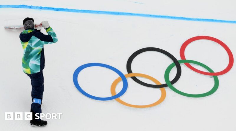 The Olympic rings in the figure skating arena during the Milan-Cortina Winter Games