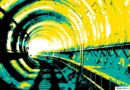an illustration of an underground tunnel gong bending around a corner to the left using mostly green, yellow and black, with the light of the tunnel exit in the near distance