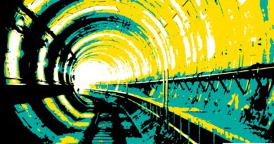 an illustration of an underground tunnel gong bending around a corner to the left using mostly green, yellow and black, with the light of the tunnel exit in the near distance
