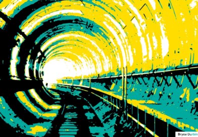 an illustration of an underground tunnel gong bending around a corner to the left using mostly green, yellow and black, with the light of the tunnel exit in the near distance