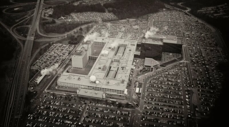 An aerial view of the National Security Agency (NSA) headquarters in Fort Meade, Maryland outside Washington, DC. The NSA is the central producer and manager of signals intelligence for the United States. It operates under the jurisdiction of the Department of Defense and reports to the Director of National Intelligence.