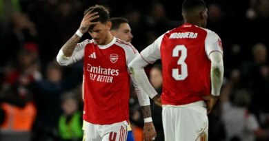 Arsenal's English defender #04 Ben White reacts after the English FA Cup quarter final football match between Southampton and Arsenal at St Mary's Stadium in Southampton, southern England on April 4, 2026. The match finished Southampton 2 Arsenal 1 (Photo by Glyn KIRK / AFP) / RESTRICTED TO EDITORIAL USE. No use with unauthorized audio, video, data, fixture lists, club/league logos or 'live' services. Online in-match use limited to 120 images. An additional 40 images may be used in extra time. No video emulation. Social media in-match use limited to 120 images. An additional 40 images may be used in extra time. No use in betting publications, games or single club/league/player publications. /