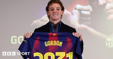 English player Anthony Gordon poses during his official presentation as new player of FC Barcelona