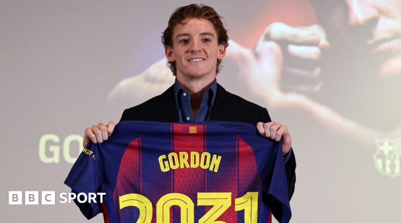 English player Anthony Gordon poses during his official presentation as new player of FC Barcelona