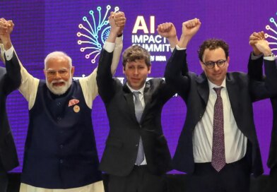 India's Prime Minister Narendra Modi (L) takes a group photo with AI company leaders including OpenAI CEO Sam Altman (C) and Anthropic CEO Dario Amodei (R) at the AI Impact Summit in New Delhi on February 19, 2026.