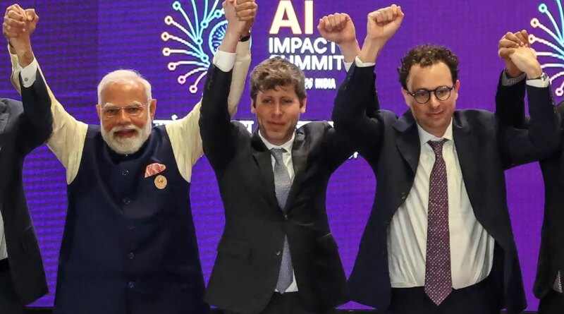 India's Prime Minister Narendra Modi (L) takes a group photo with AI company leaders including OpenAI CEO Sam Altman (C) and Anthropic CEO Dario Amodei (R) at the AI Impact Summit in New Delhi on February 19, 2026.