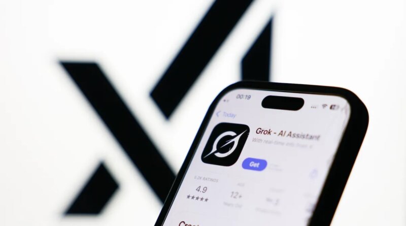 xAI logo displayed on a screen and Grok on App Store displayed on a phone screen