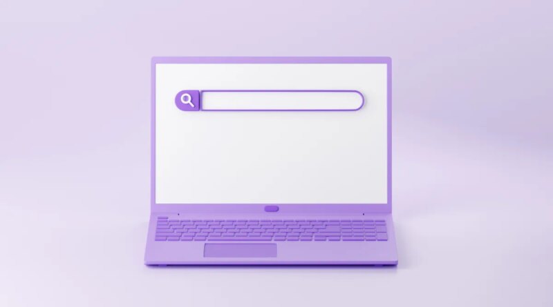Web search bar on laptop screen 3d render - illustration of website form for research of information on computer