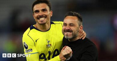 Spurs head coach Roberto de Zerbi celebrated with Joao Palhinha after the Premier League win at Aston Villa.