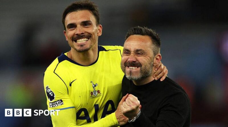 Spurs head coach Roberto de Zerbi celebrated with Joao Palhinha after the Premier League win at Aston Villa.