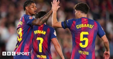 Marcus Rashford celebrates a goal for Barcelona