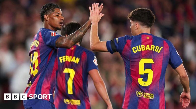 Marcus Rashford celebrates a goal for Barcelona