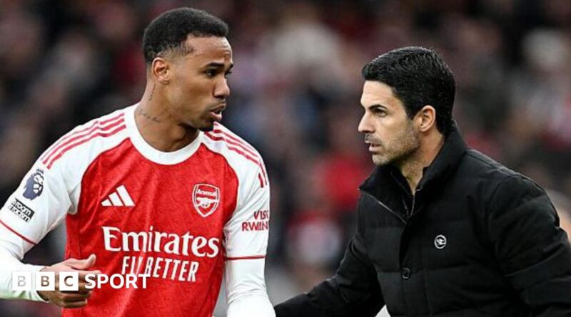 Arsenal manager Mikel Arteta talks to defender Gabriel