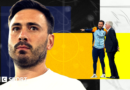 Stylised image of Davide Ancelotti in front of a colourful background with a tactics board overlay. On the right of the image is an overlay of Davide with his father Carlo Ancelotti from a match when the pair were manager and assistant manager of Real Madrid.
