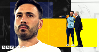 Stylised image of Davide Ancelotti in front of a colourful background with a tactics board overlay. On the right of the image is an overlay of Davide with his father Carlo Ancelotti from a match when the pair were manager and assistant manager of Real Madrid.
