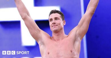 Kristian Gkolomeev celebrates winning the men's 50m freestyle at the Enhanced Games