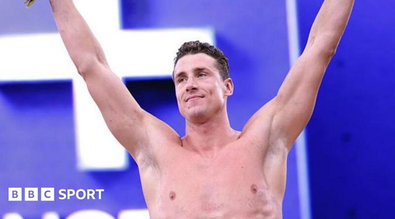 Kristian Gkolomeev celebrates winning the men's 50m freestyle at the Enhanced Games