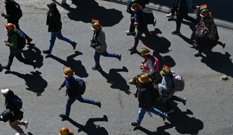 Demonstrators from mining unions take part in a protest against President Rodrigo Paz's government amid an ongoing economic and fuel crisis, in La Paz, Bolivia, May 14, 2026. REUTERS/Claudia Morales