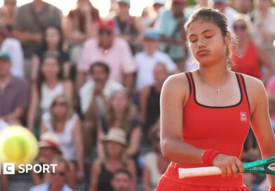 Emma Raducanu sighs as she watches the ball go past her for a winner at the 2026 French Open